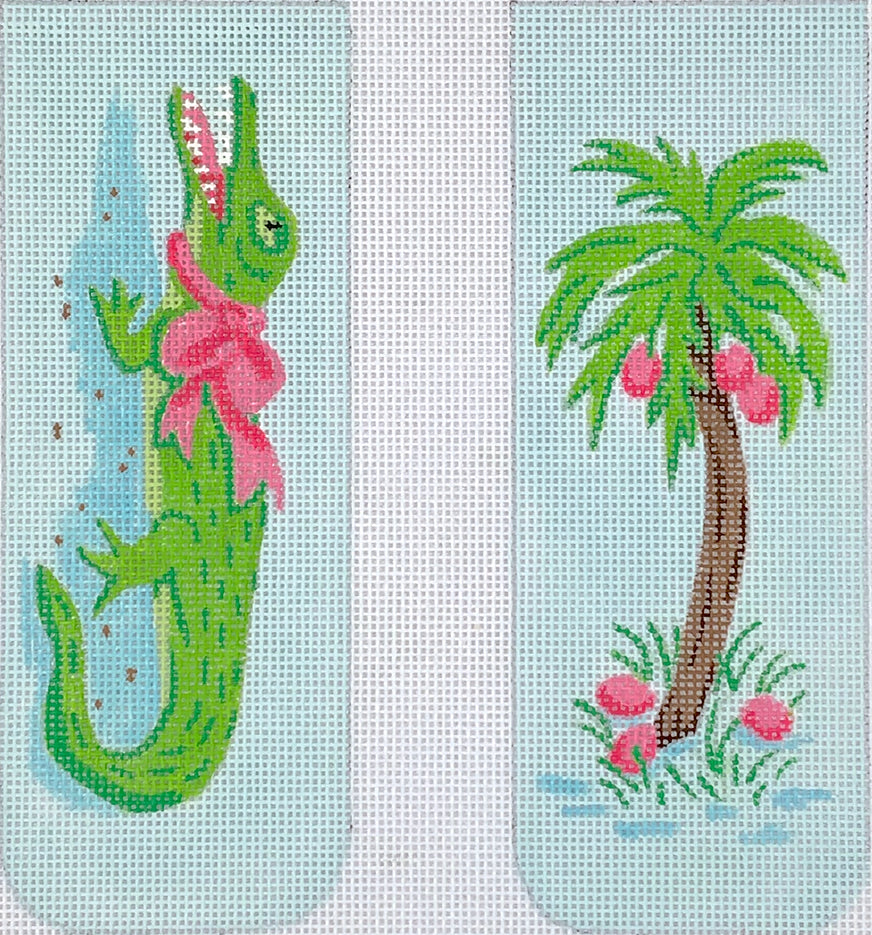 Kate Dickerson Needlepoint Collections Glasses Case - Gator & Palm Tree - Pinks, Greens & Browns on Soft Caribbean (Half-Size) Needlepoint Canvas