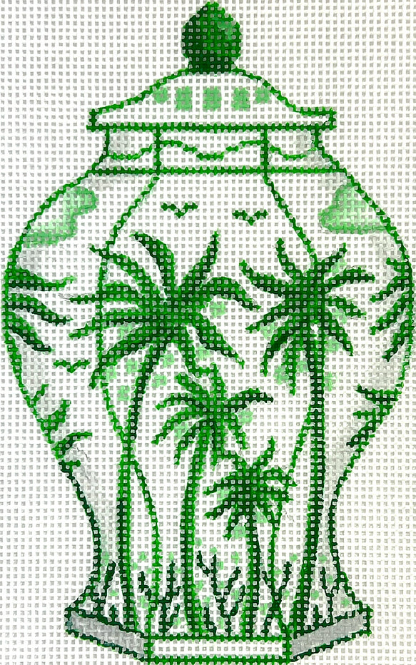 Kate Dickerson Needlepoint Collections Mini Chinese Vase - Tall Green & White with Palm Trees & Coconuts Needlepoint Canvas