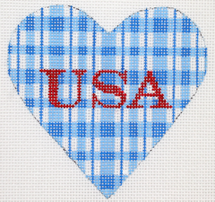 Kate Dickerson Needlepoint Collections Mini Heart Patriotic Blue and White Plaid with USA In Sparkly Red Needlepoint Canvas