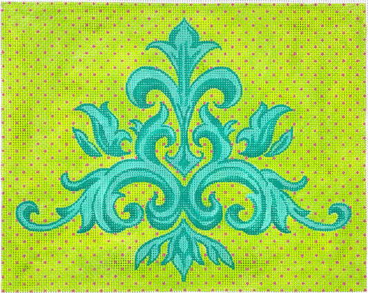 Kate Dickerson Needlepoint Collections Leafy Damask Pattern - Turquoise on Bright Lime with Fuchsia Dots Needlepoint Canvas