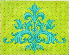 Kate Dickerson Needlepoint Collections Leafy Damask Pattern - Turquoise on Bright Lime with Fuchsia Dots Needlepoint Canvas