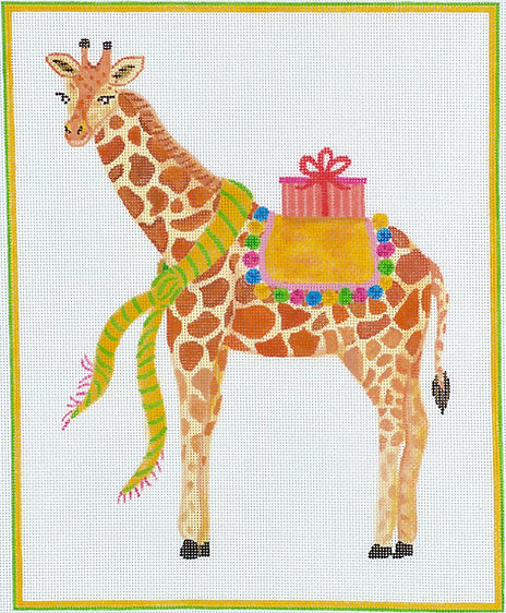 Kate Dickerson Needlepoint Collections Lindsay Brackeen - Party Animal Giraffe with Gift And Yellow Scarf Needlepoint Canvas