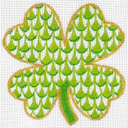 Kate Dickerson Needlepoint Collections Fishnet Mini - 4-Leaf Clover - Greens & Gold Needlepoint Canvas