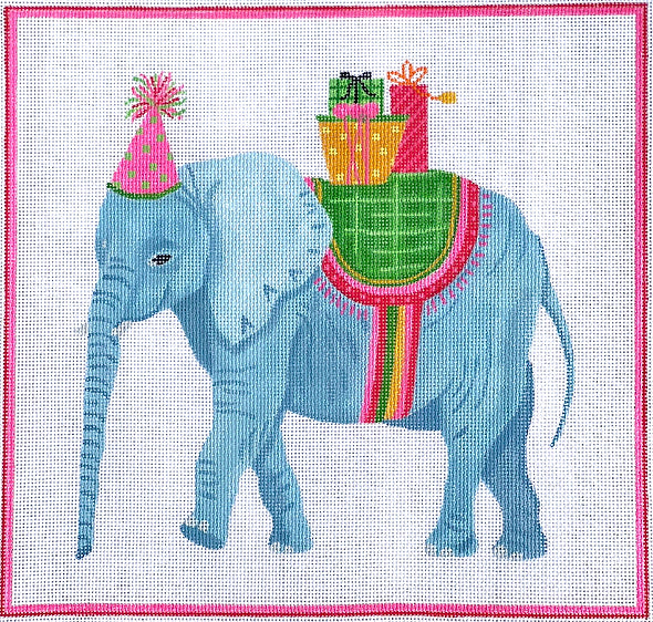 Kate Dickerson Needlepoint Collections Lindsay Brackeen - Party Animal Elephant with Gifts & Pink Party Hat Needlepoint Canvas