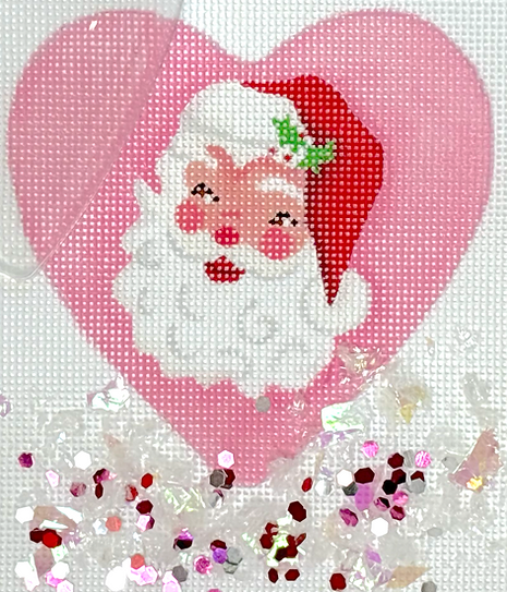 Kate Dickerson Needlepoint Collections Heart Mini with Clear Dome Cover and Confetti Santa with Holly on Bright Pink Needlepoint Canvas