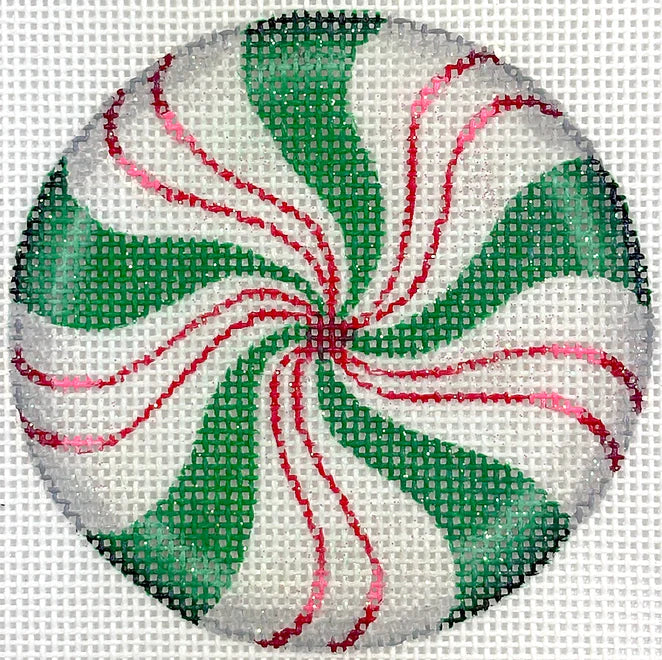 Kate Dickerson Needlepoint Collections Christmas Ornament Sparkly Red and Green Peppermint Needlepoint Canvas