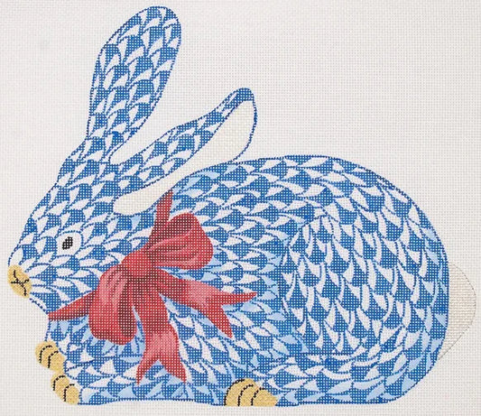 Kate Dickerson Needlepoint Collections Herend-Inspired Fishnet Crouching Blue Bunny with Red Bow Needlepoint Canvas