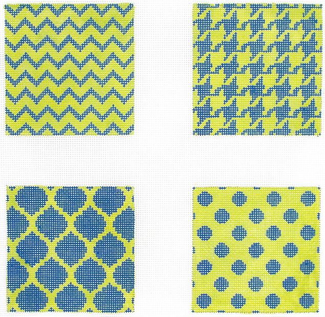 Kate Dickerson Needlepoint Collections Set of 4 Coasters - Mixed Geometric Patterns - Navy & Lime Needlepoint Canvas