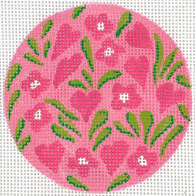 Kate Dickerson Needlepoint Collections 3” Round - Hawaiian Floral with Hearts - Greens & Pinks Needlepoint Canvas