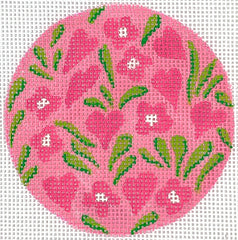 Kate Dickerson Needlepoint Collections 3” Round - Hawaiian Floral with Hearts - Greens & Pinks Needlepoint Canvas