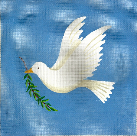 Kate Dickerson Needlepoint Collections Tefillin Bag White Dove with Olive Branch on Medium Blue Needlepoint Canvas