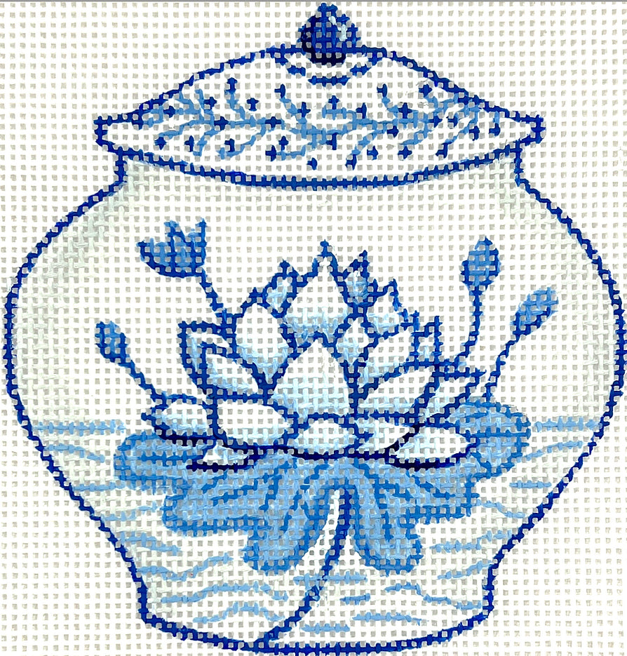 Kate Dickerson Needlepoint Collections Mini Chinese Vase - Short Blue & White with Lotus Flower Needlepoint Canvas