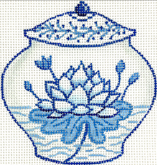 Kate Dickerson Needlepoint Collections Mini Chinese Vase - Short Blue & White with Lotus Flower Needlepoint Canvas