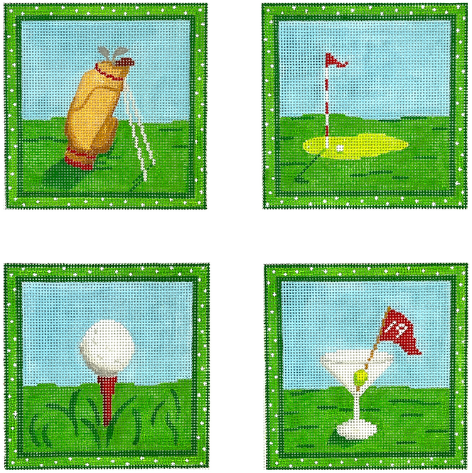 Kate Dickerson Needlepoint Collections Set Of Four Coasters Golf Themes Needlepoint Canvas
