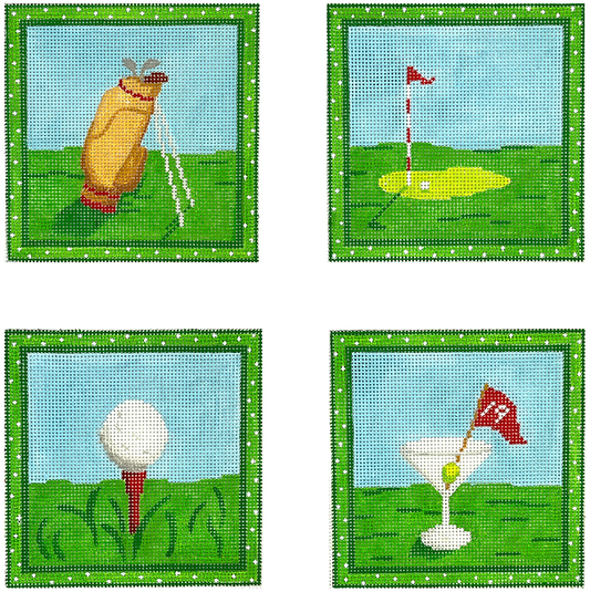 Kate Dickerson Needlepoint Collections Set Of Four Coasters Golf Themes Needlepoint Canvas