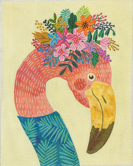 Kate Dickerson Needlepoint Collections Mia Charro - Flamingo In Turquoise Top - on Butter Yellow Needlepoint Canvas