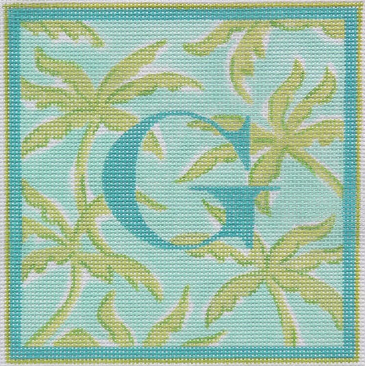 Kate Dickerson Needlepoint Collections  Letter Palms Turquoise with Greens 13m Needlepoint Canvas