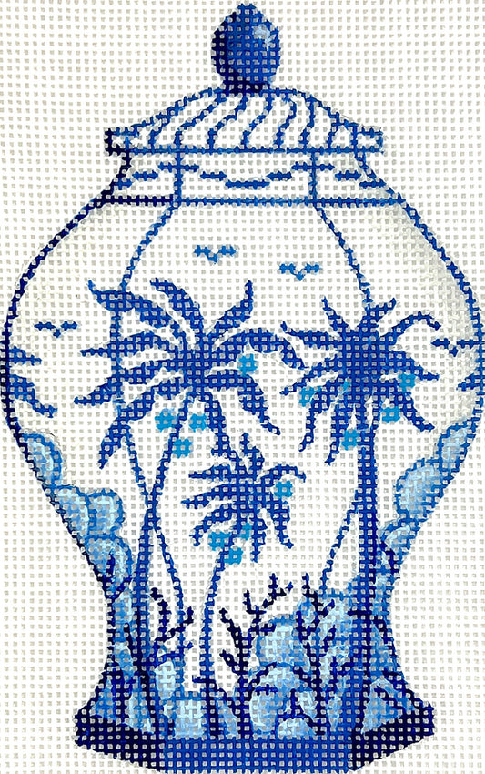 Kate Dickerson Needlepoint Collections Mini Chinese Vase - Tall Blue & White with Palm Trees Needlepoint Canvas