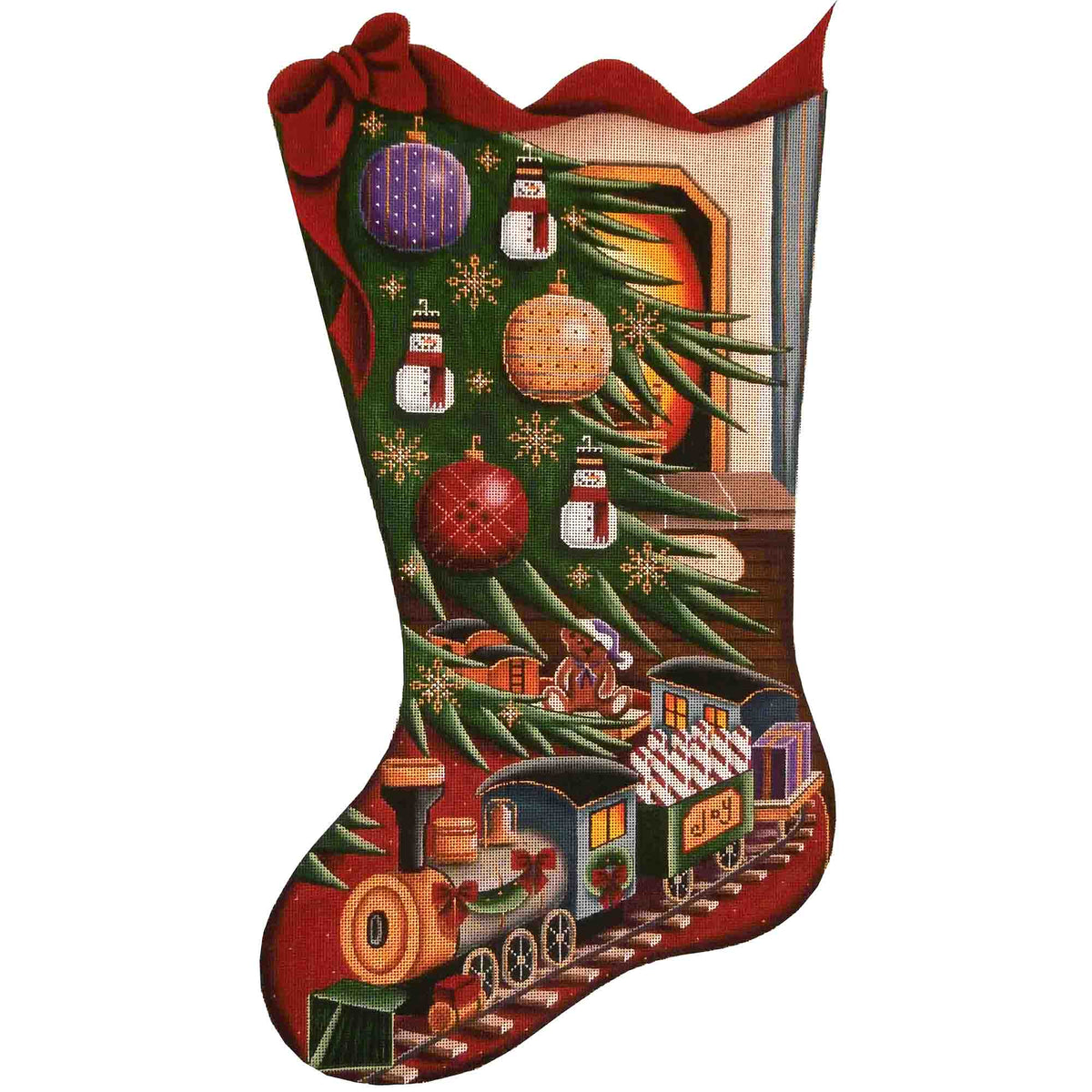 Rebecca Wood Designs Trains Under Tree Stocking Needlepoint Canvas - 13M
