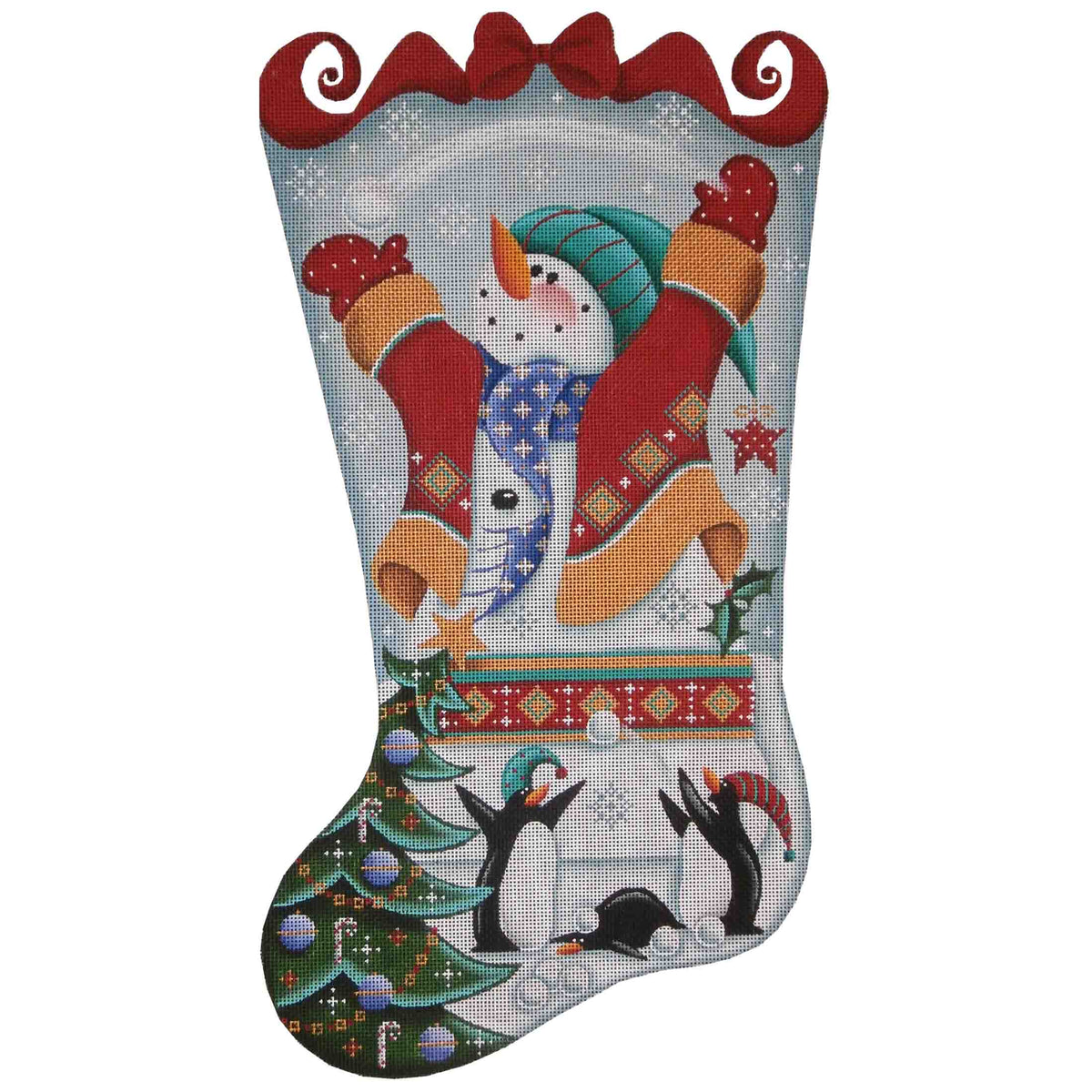 Rebecca Wood Designs Snowman and Penguins Stocking Needlepoint Canvas - 18M