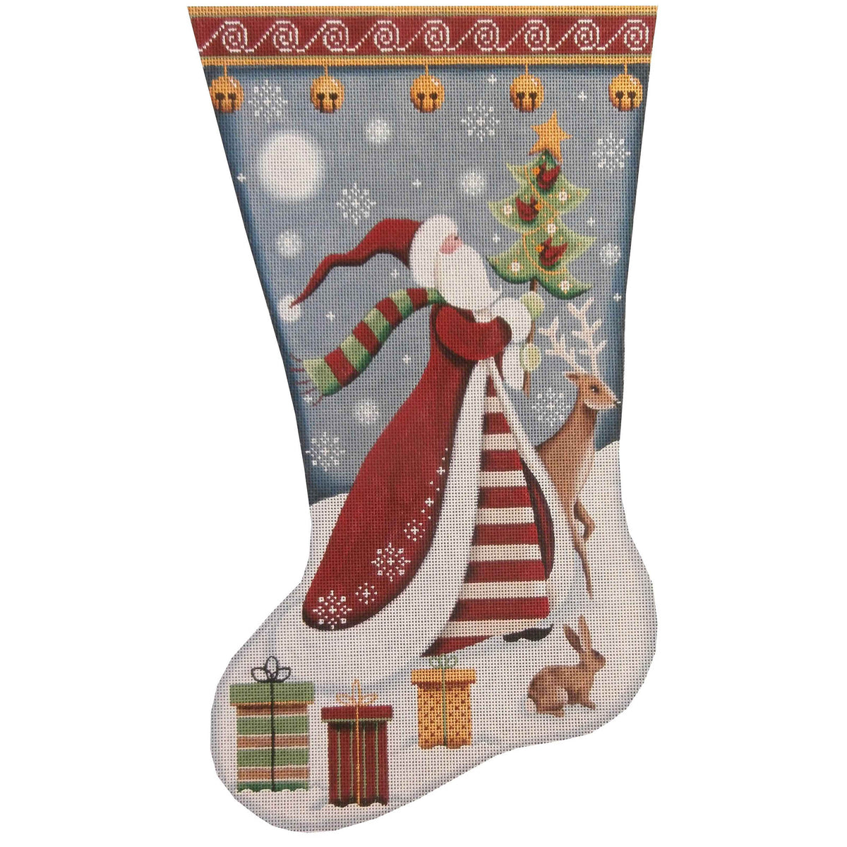 Rebecca Wood Designs Folk Art Santa with Reindeer and Gifts Stocking Needlepoint Canvas - 13M