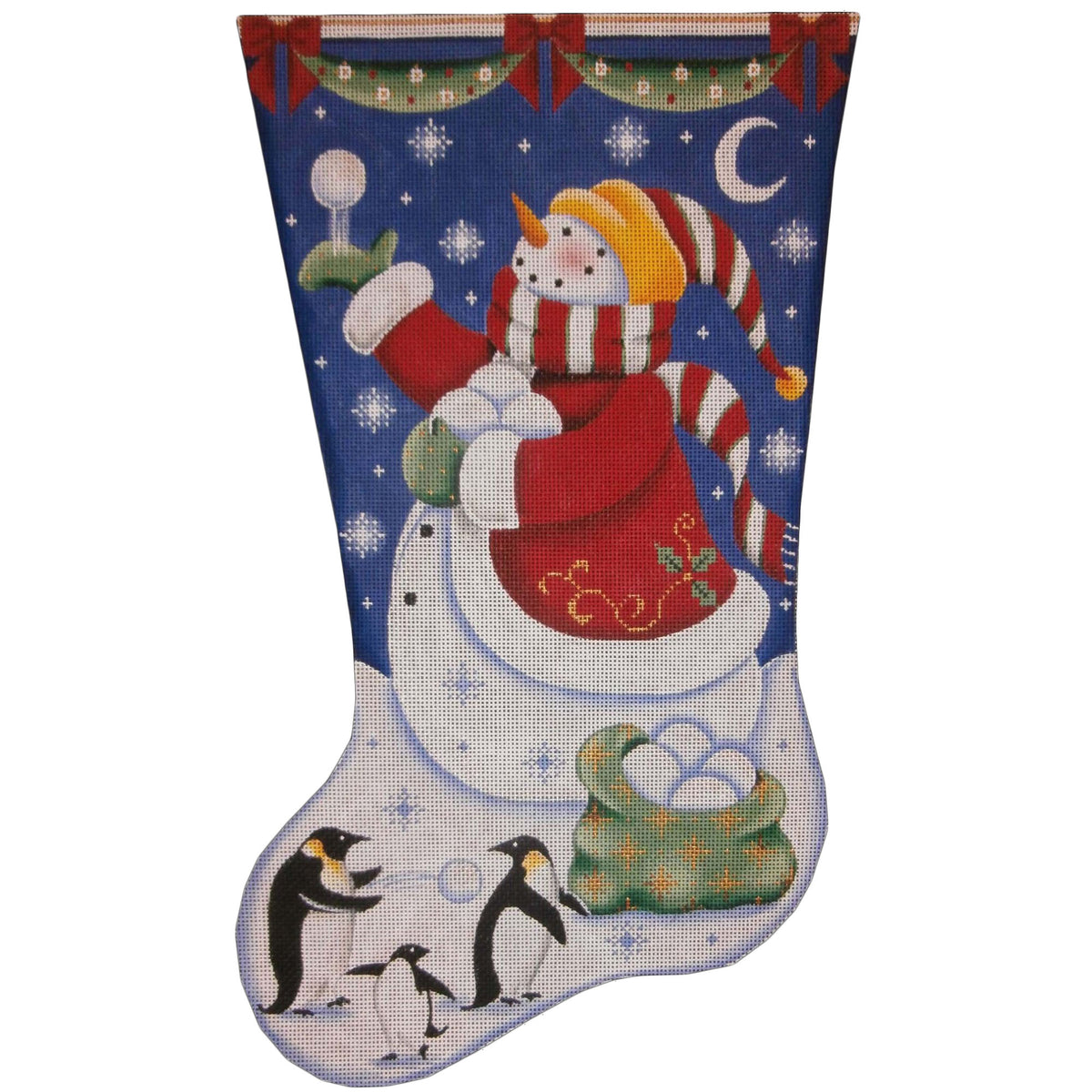 Rebecca Wood Designs Christmas Penguins Snowballs Stocking Needlepoint Canvas - 18M