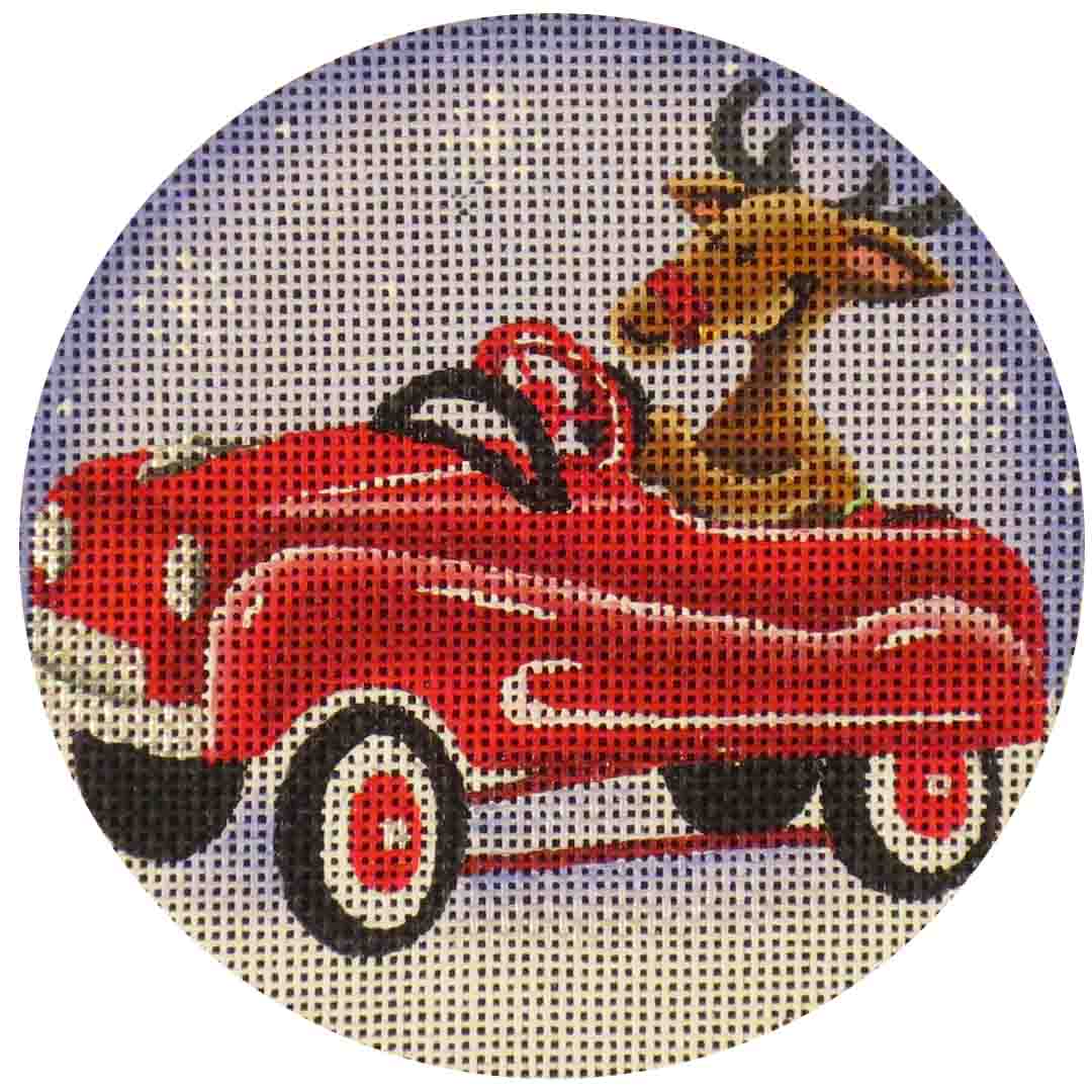 Rebecca Wood Designs Shiny Red Car Reindeer Needlepoint Canvas