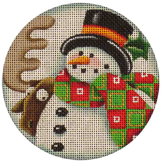 Rebecca Wood Designs Moose & Snowman with Holly Leaves Needlepoint Canvas