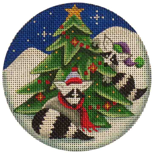 Rebecca Wood Designs Raccoons Decorating Christmas Tree Needlepoint Canvas