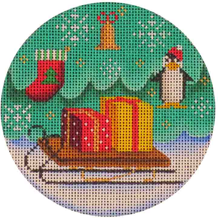 Rebecca Wood Designs Presents on a Sled with Gifts Needlepoint Canvas