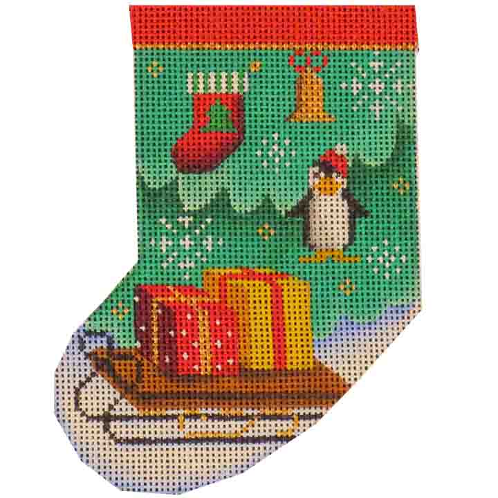 Rebecca Wood Designs Presents on a Sled Mini Stocking Needlepoint Canvas