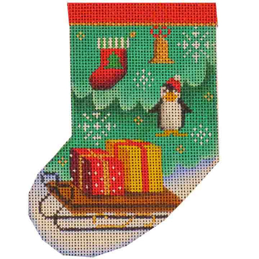 Rebecca Wood Designs Presents on a Sled Mini Stocking Needlepoint Canvas