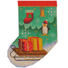 Rebecca Wood Designs Presents on a Sled Mini Stocking Needlepoint Canvas