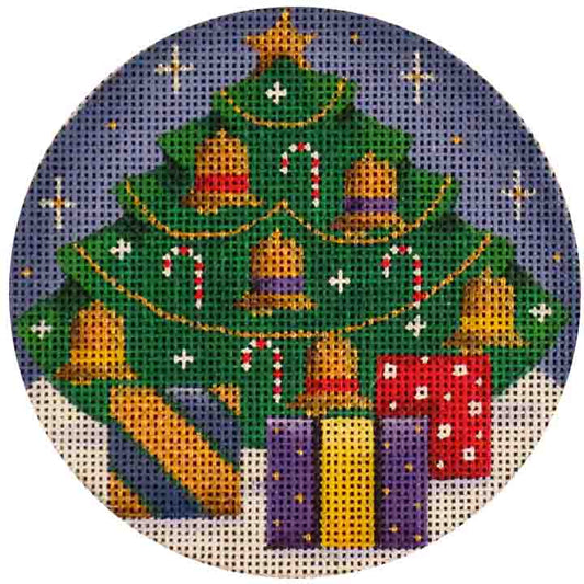 Rebecca Wood Designs Round Shaped Bell Tree with Presents & Candy Cane Ornament Needlepoint Canvas
