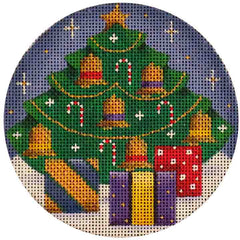 Rebecca Wood Designs Round Shaped Bell Tree with Presents & Candy Cane Ornament Needlepoint Canvas
