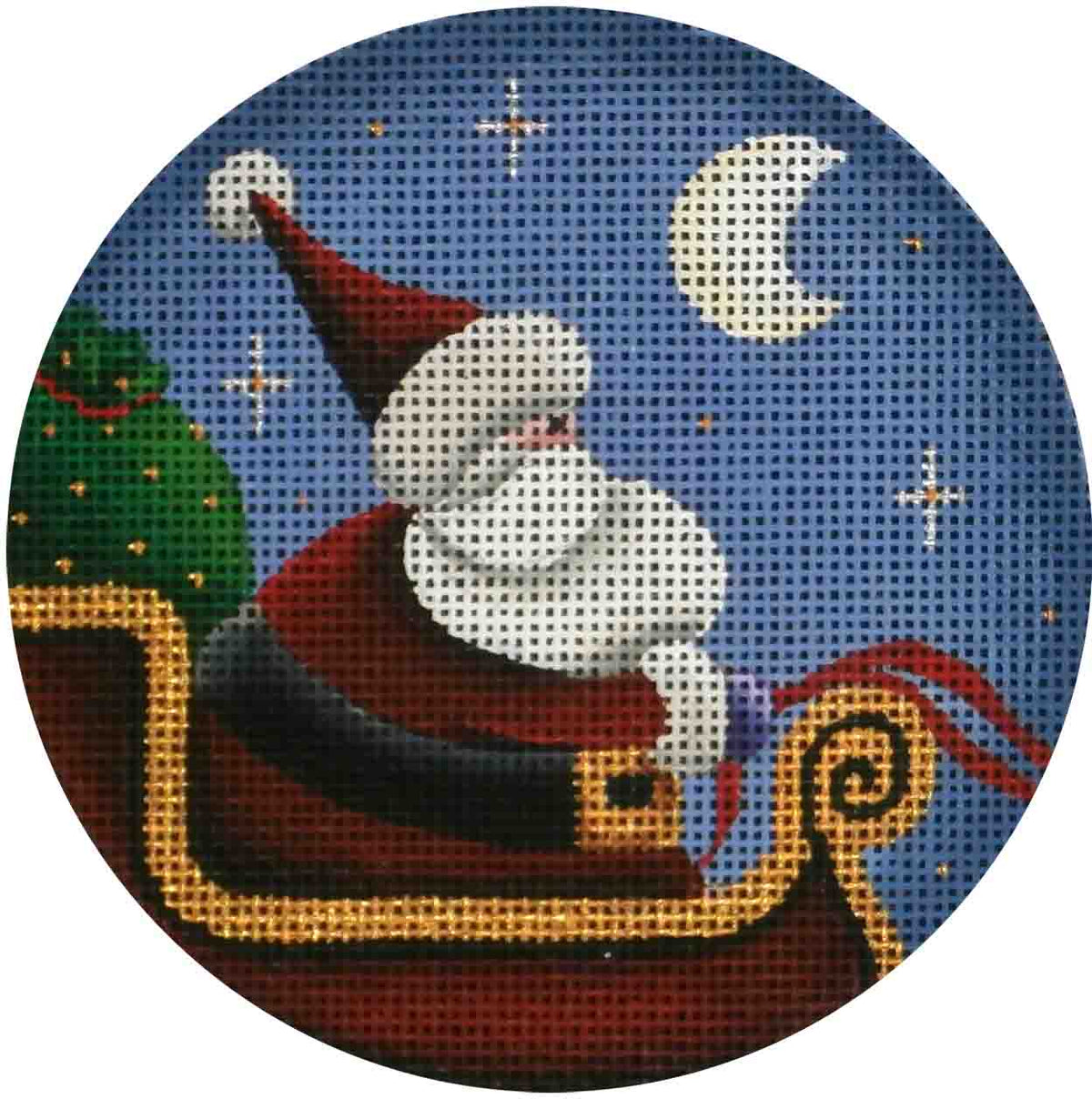 Rebecca Wood Designs Round Shaped Santa and Sleigh Ornament Needlepoint Canvas