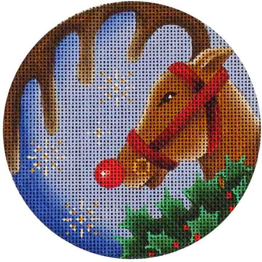 Rebecca Wood Designs Reindeer & Holly Leaves in Round Shape Needlepoint Canvas