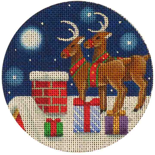Rebecca Wood Designs On The Roof Reindeer & Presents Needlepoint Canvas