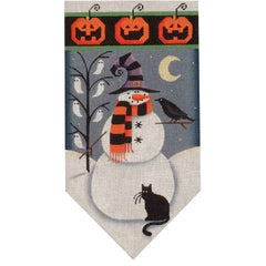 Rebecca Wood Designs October Halloween Snowman with Cat Banner Needlepoint Canvas