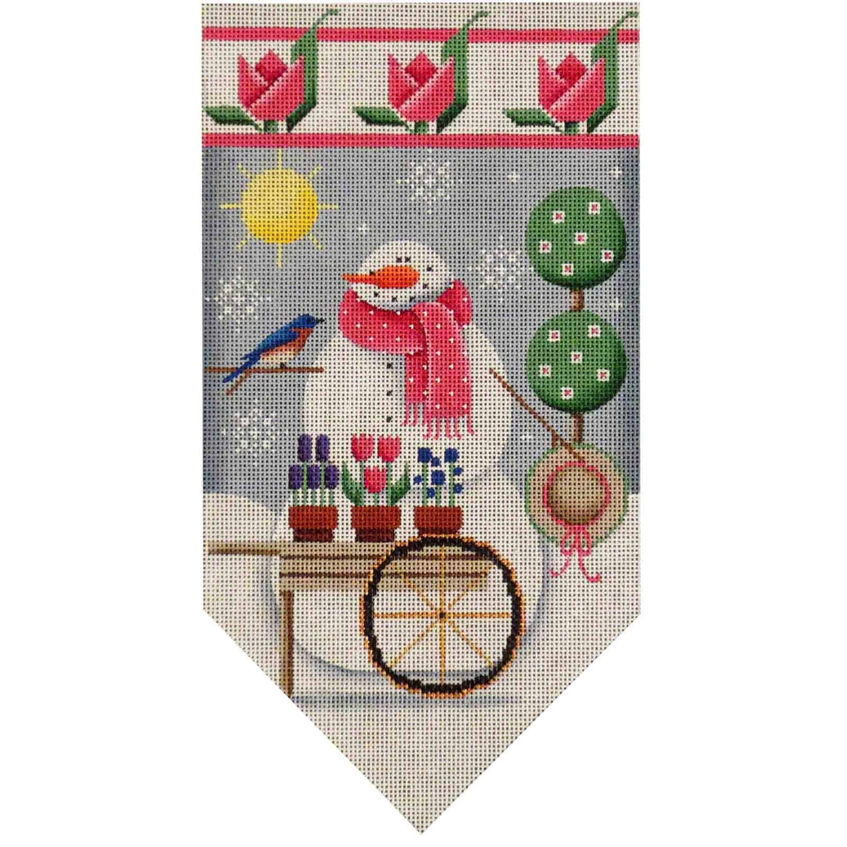 Rebecca Wood Designs April Snowman with Flower Pots Banner Needlepoint Canvas