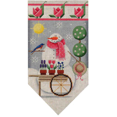 Rebecca Wood Designs April Snowman with Flower Pots Banner Needlepoint Canvas