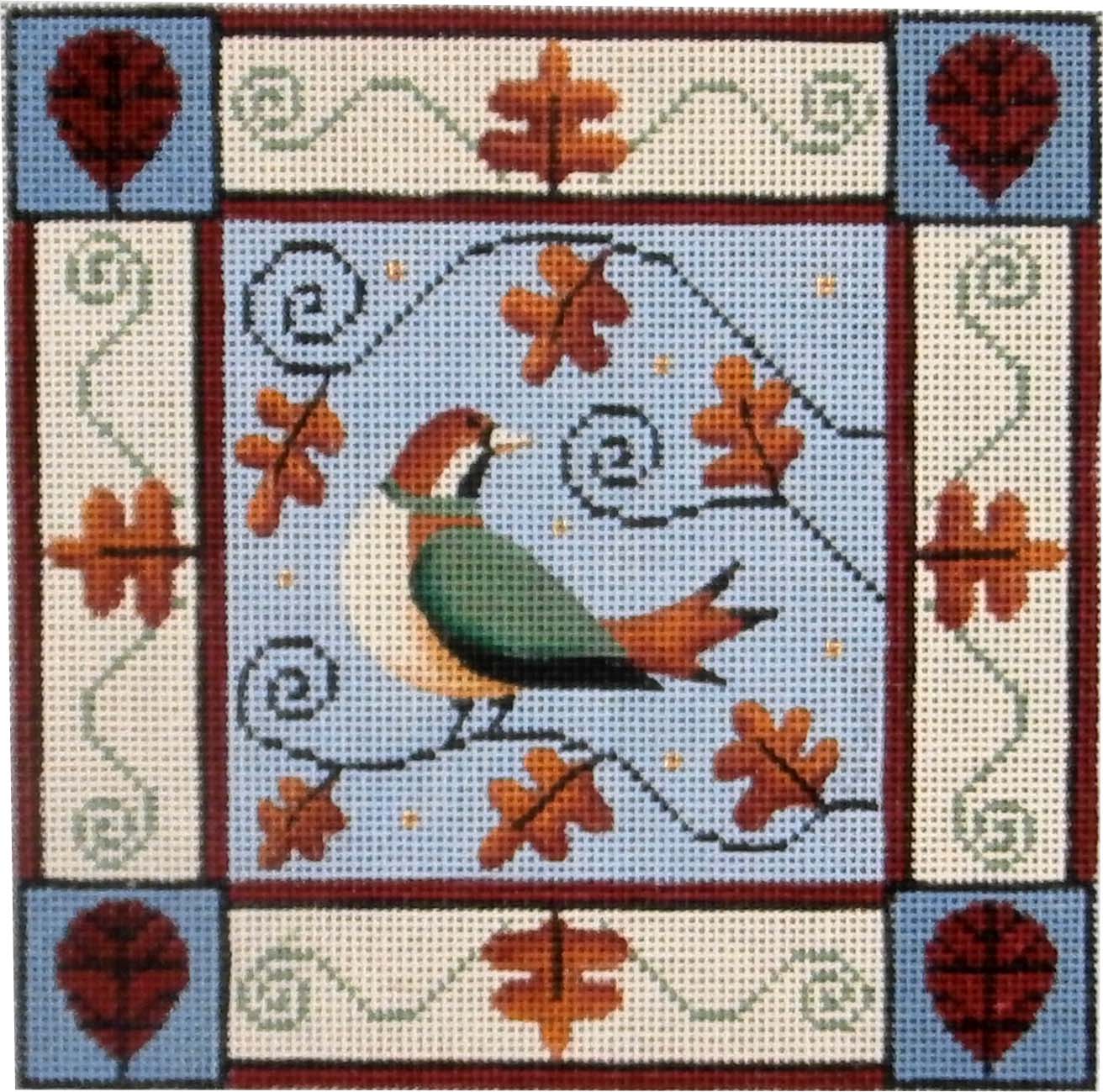 Fall Needlepoint Rebecca Wood Designs Autumn Bird with Autumn Leaves Needlepoint Canvas ...
