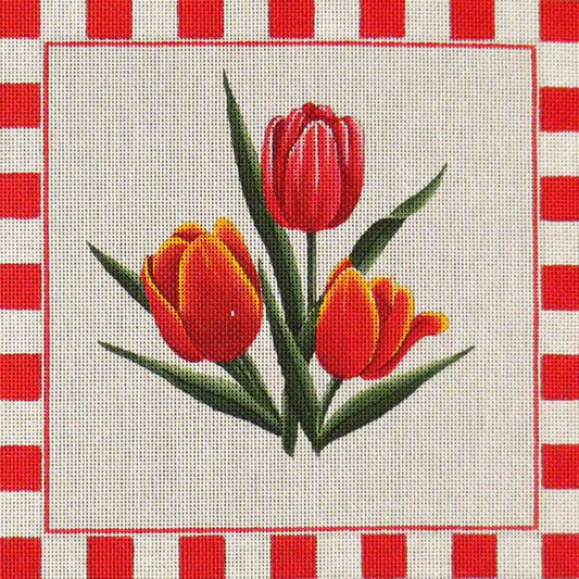 Rebecca Wood Designs Spring Tulips on Red Border Needlepoint Canvas