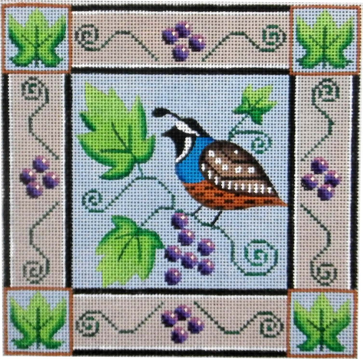 Rebecca Wood Designs Quail Bird with Leaves Needlepoint Canvas