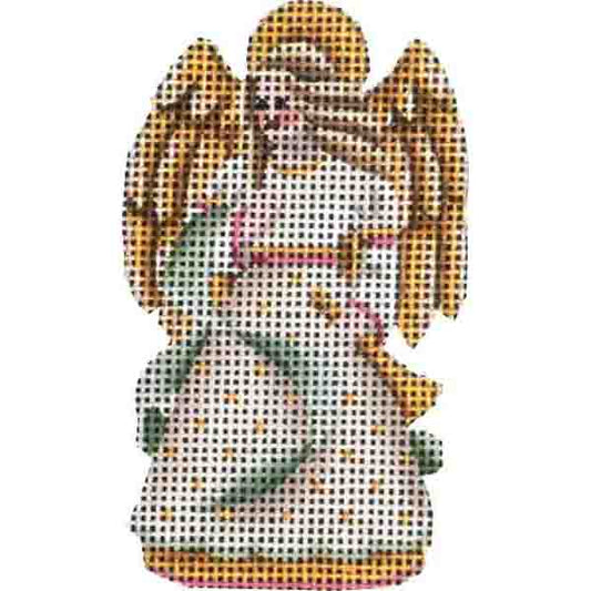 Rebecca Wood Designs Standing Green Ribbon Angel with Yellow Wings Needlepoint Canvas