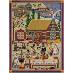 Rebecca Wood Designs Thanksgiving with People Animals & Fruit Needlepoint Canvas