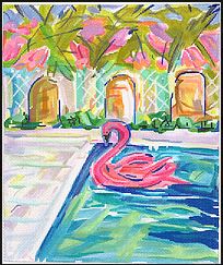 Kate Dickerson Needlepoint Collections Maren Devine Flamingo In Pool Needlepoint Canvas