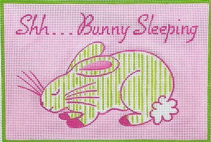 Kate Dickerson Needlepoint Collections Jilly Walsh Pink and Green Striped Bunny on Light Pink Needlepoint Canvas