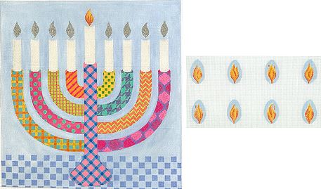 Kate Dickerson Needlepoint Collections Menorah Set Bright Funky Patterns with Individual Flames Multi Colors Needlepoint Canvas