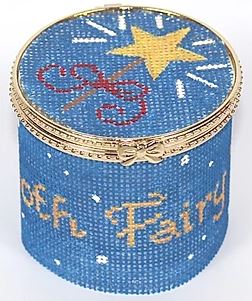 Kate Dickerson Needlepoint Collections Hinged Box Small Round Tooth Fairy Deep Blue with Gold and Multi Gold Clasp Needlepoint Canvas